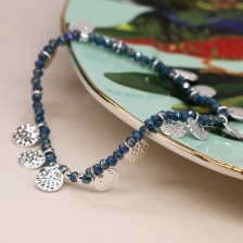 Blue Beaded Bracelet with Silver Plated Hammered Discs by Peace of Mind